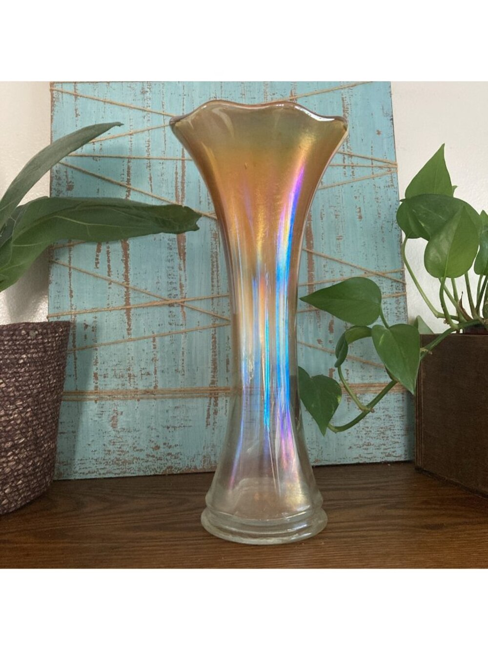 Marigold Iridescent Carnival Glass Vase Rib Fluted Ruffled Edge Imperial Glass